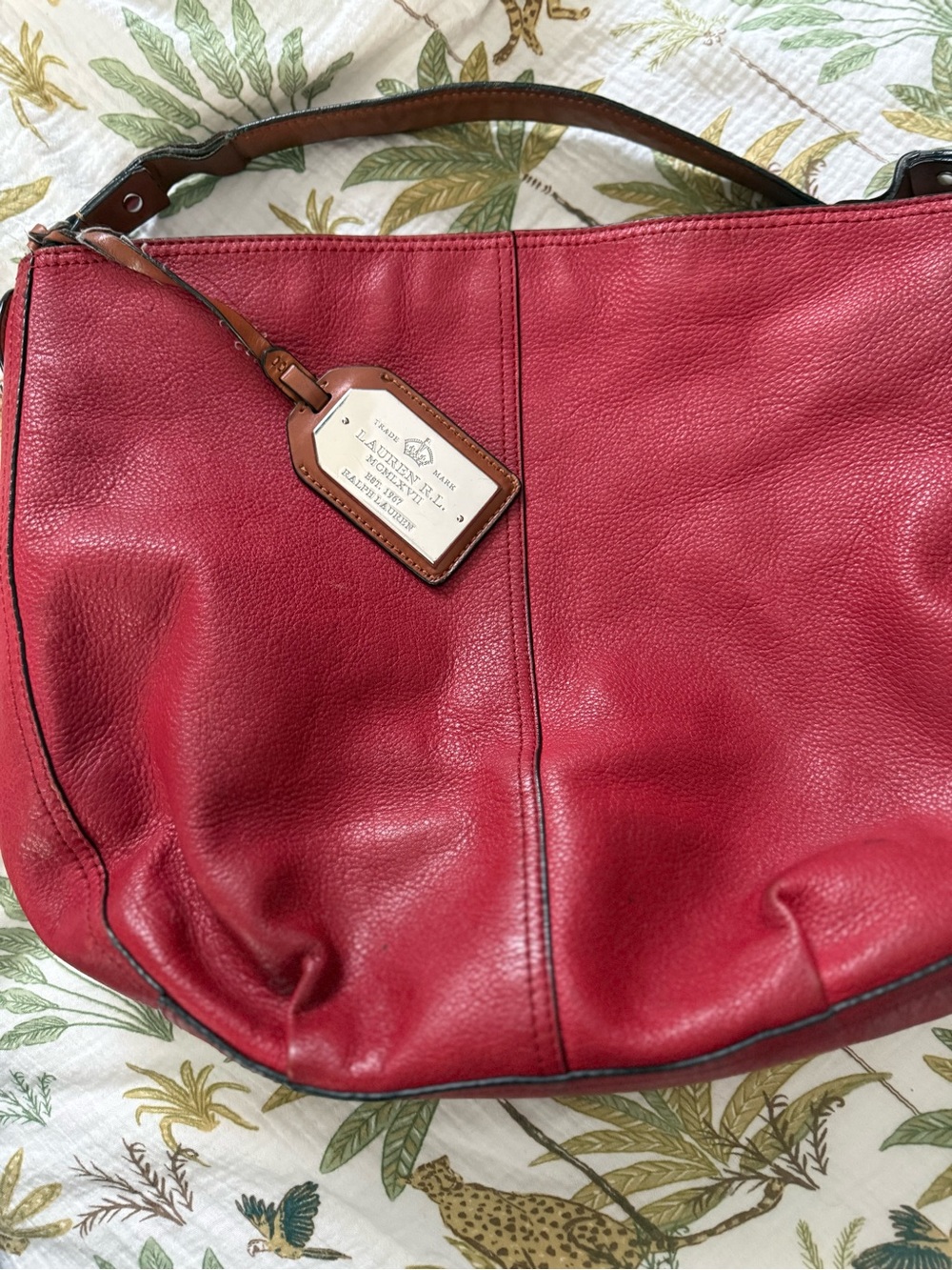 👜🌺Lauren Ralph Lauren Red Pebbled Leather Shoulder Hobo with Brown Trim